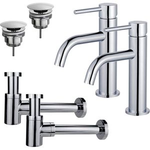 Fortifura Calvi Slim Wastafelkraanset - voor dubbele wastafel - lage wastafelkraan - always open plug - verlaagde design sifon - Chroom 2x SW377812/2x SW696209/2x SW696219