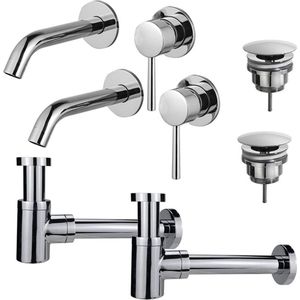 Fortifura Calvi Slim Wastafelkraanset - voor dubbele wastafel - inbouw wastafelkraan - always open plug - verlaagde design sifon - Chroom