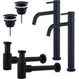 Fortifura Calvi Slim Wastafelkraanset - voor dubbele wastafel - verhoogde wastafelkraan - always open plug - verlaagde design sifon - Mat zwart