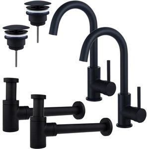 Fortifura Calvi Wastafelkraanset - voor dubbele wastafel - hoge wastafelkraan - draaibare uitloop - always open plug - verlaagde design sifon - Mat zwart