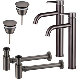 Fortifura Calvi Wastafelkraanset - voor dubbele wastafel - verhoogde wastafelkraan - always open plug - verlaagde design sifon - Geborsteld Gunmetal PVD