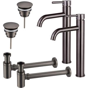 Fortifura Calvi Wastafelkraanset - voor dubbele wastafel - verhoogde wastafelkraan - always open plug - verlaagde design sifon - Geborsteld Gunmetal PVD 2x SW766541/2x SW769487/2x SW767295