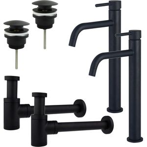 Fortifura Calvi Slim Wastafelkraanset - voor dubbele wastafel - verhoogde wastafelkraan - klikwaste plug - verlaagde design sifon - Mat zwart 2x SW377836/2x SW696199/2x SW696215