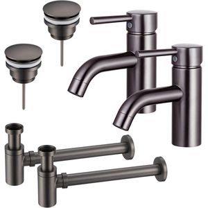 Fortifura Calvi Wastafelkraanset - voor dubbele wastafel - lage wastafelkraan - klikwaste plug - verlaagde design sifon - Geborsteld Gunmetal PVD 2x SW766540/2x SW767288/2x SW767295