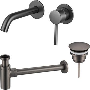 Fortifura Calvi Wastafelkraanset - inbouw wastafelkraan - always open plug - design sifon - Geborsteld Gunmetal PVD