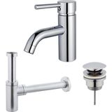 Fortifura Calvi Wastafelkraanset - lage wastafelkraan - klikwaste plug - design sifon - Chroom