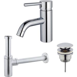 Fortifura Calvi Wastafelkraanset - lage wastafelkraan - klikwaste plug - design sifon - Chroom