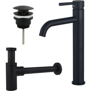 Fortifura Calvi Wastafelkraanset - verhoogde wastafelkraan - klikwaste plug - design sifon - Mat zwart SW377834/SW696199/SW696210