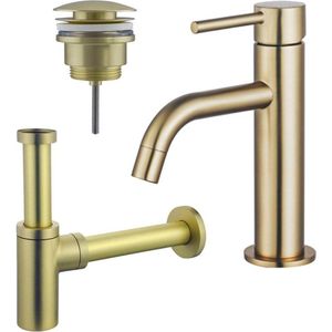 Fortifura Calvi Slim Wastafelkraanset - lage wastafelkraan - klikwaste plug - design sifon - Geborsteld Messing PVD (Goud)
