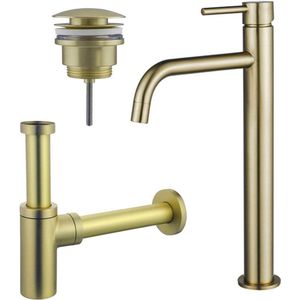 Fortifura Calvi Slim Wastafelkraanset - verhoogde wastafelkraan - klikwaste plug - design sifon - Geborsteld Messing PVD (Goud)