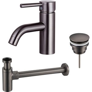 Fortifura Calvi Wastafelkraanset - lage wastafelkraan - klikwaste plug - design sifon - Geborsteld Gunmetal PVD SW766540/SW767288/SW767297