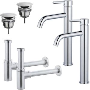 Fortifura Calvi Wastafelkraanset - voor dubbele wastafel - verhoogde wastafelkraan - always open plug - design sifon - Chroom 2x SW377811/2x SW696209/2x SW696214