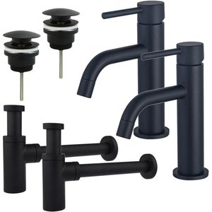Fortifura Calvi Slim Wastafelkraanset - voor dubbele wastafel - lage wastafelkraan - klikwaste plug - design sifon - Mat zwart