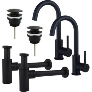Fortifura Calvi Wastafelkraanset - voor dubbele wastafel - hoge wastafelkraan - draaibare uitloop - klikwaste plug - design sifon - Mat zwart