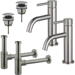 Fortifura Calvi Slim Wastafelkraanset - voor dubbele wastafel - lage wastafelkraan - klikwaste plug - design sifon - Geborsteld RVS PVD (RVS) 2x SW377858/2x SW696201/2x SW696212