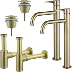 Fortifura Calvi Slim Wastafelkraanset - voor dubbele wastafel - verhoogde wastafelkraan - klikwaste plug - design sifon - Geborsteld Messing PVD (Goud) 2x SW720546/2x SW696202/2x SW696213