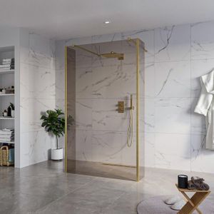Fortifura Galeria Vrijstaande Inloopdouche - 120x200cm - Rookglas - antikalk - 8mm veiligheidsglas - 2 zijwanden 30cm - wandsteunen en hoekprofielen - Geborsteld Messing PVD (Goud) SW927770 2x/SW797944/SW797930 2x/SW798731 2x