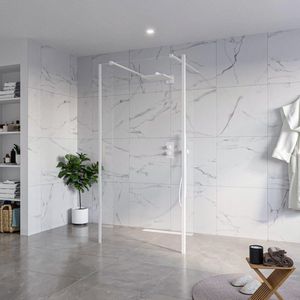 Fortifura Galeria Vrijstaande Inloopdouche - 100x200cm - Helder - antikalk - 8mm veiligheidsglas - 2 zijwanden 30cm - wandsteunen en hoekprofielen - Wit mat