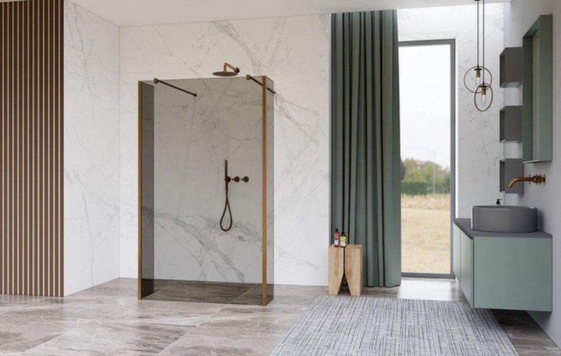 Fortifura Galeria Vrijstaande Inloopdouche - 110x200cm - Glas mat - antikalk - 8mm veiligheidsglas - 2 zijwanden 30cm - wandsteunen en hoekprofielen - Geborsteld koper PVD (Koper) SW927772 2x/SW915251/SW797931 2x/SW876703 2x