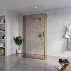 Fortifura Galeria Vrijstaande Inloopdouche - 110x200cm - Rookglas - antikalk - 8mm veiligheidsglas - 2 zijwanden 30cm - wandsteunen en hoekprofielen - Geborsteld Messing PVD (Goud) SW927770 2x/SW915252/SW797930 2x/SW798731 2x