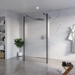 Fortifura Galeria Vrijstaande Inloopdouche - 110x200cm - Helder geribbeld - antikalk - 8mm veiligheidsglas - 2 zijwanden 30cm - wandsteunen en hoekprofielen - Zwart mat