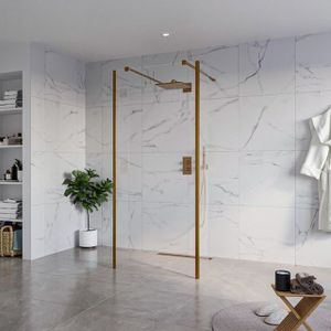 Fortifura Galeria Vrijstaande Inloopdouche - 90x200cm - Helder - antikalk - 8mm veiligheidsglas - 2 zijwanden 40cm - wandsteunen en hoekprofielen - Geborsteld koper PVD (Koper) SW927772 2x/SW797926/SW797911 2x/SW876703 2x