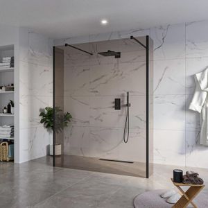 Fortifura Galeria Vrijstaande Inloopdouche - 160x200cm - Rookglas - antikalk - 8mm veiligheidsglas - 2 zijwanden 40cm - wandsteunen en hoekprofielen - Zwart mat