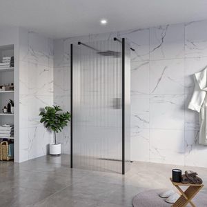 Fortifura Galeria Vrijstaande Inloopdouche - 90x200cm - Helder geribbeld - antikalk - 8mm veiligheidsglas - 2 zijwanden 40cm - wandsteunen en hoekprofielen - Zwart mat