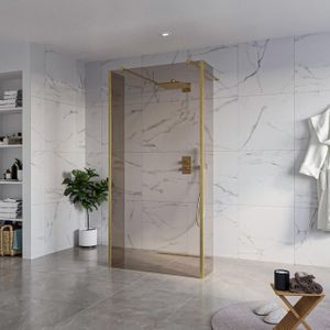 Fortifura Galeria Vrijstaande Inloopdouche - 100x200cm - Rookglas - antikalk - 8mm veiligheidsglas - 2 zijwanden 40cm - wandsteunen en hoekprofielen - Geborsteld Messing PVD (Goud) SW927770 2x/SW797940/SW797934 2x/SW798731 2x