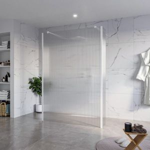 Fortifura Galeria Vrijstaande Inloopdouche - 140x200cm - Helder geribbeld - antikalk - 8mm veiligheidsglas - 2 zijwanden 40cm - wandsteunen en hoekprofielen - Wit mat