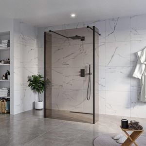 Fortifura Galeria Vrijstaande Inloopdouche - 120x200cm - Rookglas - antikalk - 8mm veiligheidsglas - 2 zijwanden 40cm - wandsteunen en hoekprofielen - Zwart mat
