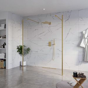 Fortifura Galeria Vrijstaande Inloopdouche - 160x200cm - Helder - antikalk - 8mm veiligheidsglas - 2 zijwanden 40cm - wandsteunen en hoekprofielen - Geborsteld Messing PVD (Goud) SW927770 2x/SW797918/SW797911 2x/SW798731 2x