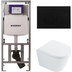 QeramiQ Dely Toiletset - 36.3x51.7cm - diepspoel - rimless - Geberit UP320 Burda inbouwreservoir - softclose toilet zitting 35 mm - kunststof mat zwarte bedieningsplaat - ronde knoppen - wit glans