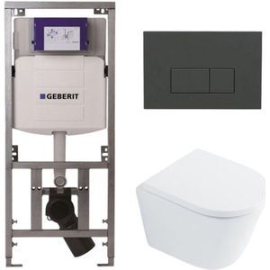 QeramiQ Dely Toiletset - 36.3x51.7cm - diepspoel - rimless - Geberit UP320 Burda inbouwreservoir - softclose toilet zitting 35 mm - bedieningsplaat antraciet mat - rechthoekige knoppen - wit glans