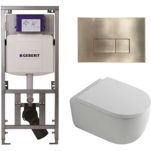 QeramiQ Dely Swirl Toiletset - 36.3x51.7cm - Geberit UP320 Burda inbouwreservoir - 35mm zitting - geborsteld messing bedieningsplaat - rechthoekige knoppen - wit glans 0701131/SW706201/SW1000767/SW1026256