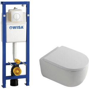 QeramiQ Dely Swirl Toiletset - 36.5x53cm - Wisa XS inbouwreservoir - 35mm zitting - witte bedieningsplaat - ronde knoppen - glans wit