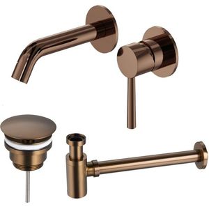 Fortifura Calvi Slim Wastafelkraanset - inbouw wastafelkraan - always open plug - verlaagde design sifon - Geborsteld koper PVD (Koper) SW799403 / SW970034 / SW799405