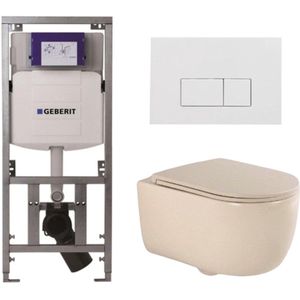 QeramiQ Dely Swirl Toiletset - 36.3x51.7cm - Geberit UP320 Burda inbouwreservoir - slimzitting - glans witte bedieningsplaat - rechthoekige knoppen - beige