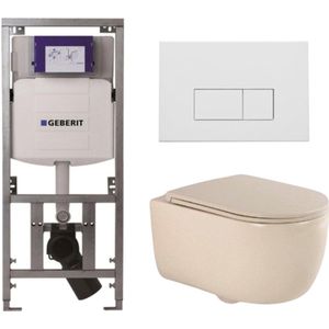 QeramiQ Dely Swirl Toiletset - 36.3x51.7cm - Geberit UP320 Burda inbouwreservoir - slim zitting - mat witte metalen bedieningsplaat - rechthoekige knoppen - beige