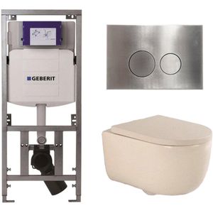 QeramiQ Dely Swirl Toiletset - 36.3x51.7cm - Geberit UP320 Burda inbouwreservoir - 35mm zitting - steel bedieningsplaat - ronde knoppen - beige