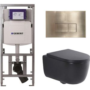 QeramiQ Dely Swirl Toiletset - 36.3x51.7cm - Geberit UP320 Burda inbouwreservoir - 35mm zitting - geborsteld messing bedieningsplaat - rechthoekige knoppen - mat zwart