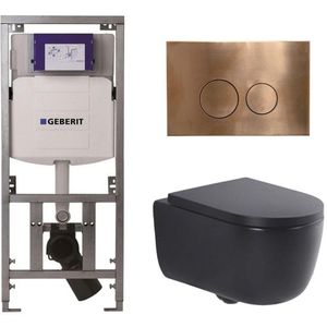 QeramiQ Dely Swirl Toiletset - 36.3x51.7cm - Geberit UP320 Burda inbouwreservoir - 35mm zitting - koperen bedieningsplaat - ronde knoppen - mat zwart