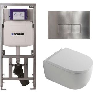 QeramiQ Dely Swirl Toiletset - 36.3x51.7cm - diepspoel - rimless - Geberit UP320 Burda inbouwreservoir - 35mm zitting - steel bedieningsplaat - rechtehoekige knoppen - wit mat