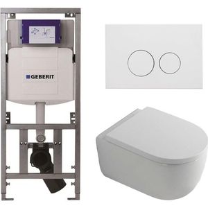 QeramiQ Dely Swirl Toiletset - 36.3x51.7cm - diepspoel - rimless - Geberit UP320 Burda inbouwreservoir - 35mm zitting - mat witte metalen bedieningsplaat - ronde knoppen - wit mat