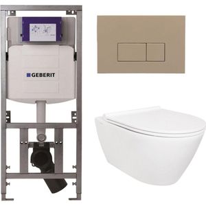 QeramiQ Salina Toiletset - rimless - Geberit inbouwreservoir - diepspoel wandcloset - softclose - quickrelease - bedieningspaneel met bedieningsplaat taupe - rechthoekige knoppen - glans wit 0701131/SW96855/SW96857/SW1102379