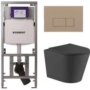 QeramiQ Dely Toiletset - 36.3x51.7cm - diepspoel - rimless - Geberit UP320 Burda inbouwreservoir - softclose toiletzitting - bedieningsplaat taupe - rechtehoekige knoppen - mat zwart