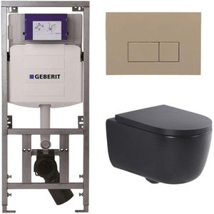 QeramiQ Dely Swirl Toiletset - Geberit UP320 Inbouwreservoir - Mat Zwart - Taupe Bedieningsplaat