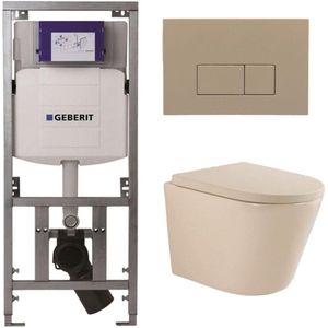 QeramiQ Dely Swirl Toiletset - Beige - Geberit UP320 Inbouwreservoir - Taupe Bedieningsplaat