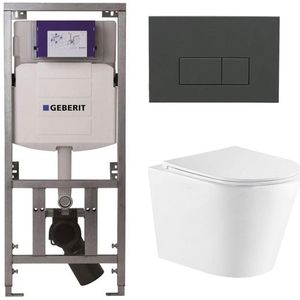 QeramiQ Dely Toiletset - 36.3x51.7cm - diepspoel - rimless - Geberit UP320 Burda inbouwreservoir - softclose toiletzitting - bedieningsplaat antraciet mat - rechthoekige knoppen - wit mat SW543432/0701131/SW1102377