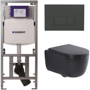 QeramiQ Dely Swirl Toiletset - 36.3x51.7cm - Geberit UP320 Burda inbouwreservoir - slimzitting - bedieningsplaat antraciet mat - rechthoekige knoppen - mat zwart 0701131/SW1102377/SW1000768/SW1026258